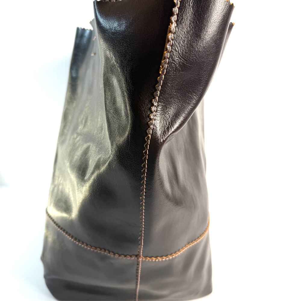 TAMBU Brown Leather Handmade Floppy Market Tote Bag Purse - Picture 6 of 14